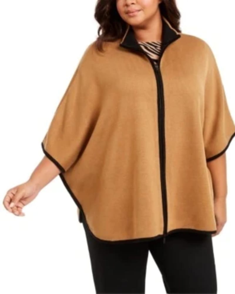 Front of a model wearing a size 1X Anne Klein Women's Plus Zip Up Poncho Sweater Brown Size 1X in Brown by Anne Klein. | dia_product_style_image_id:314582